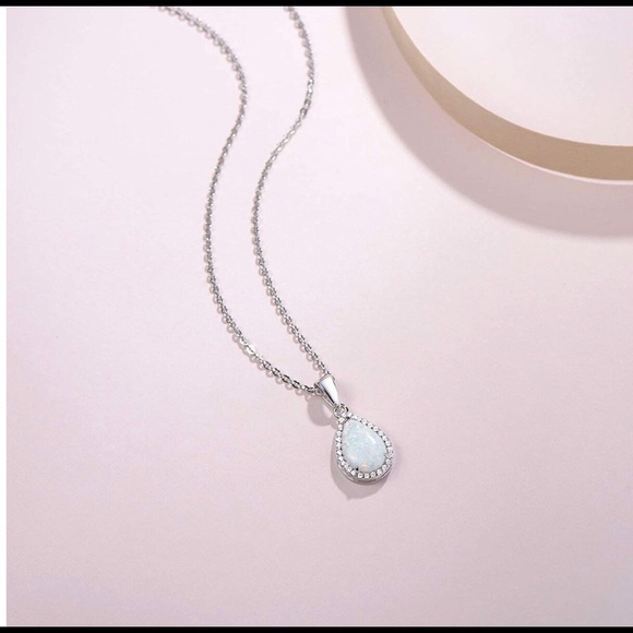 WHITE Opal Sterling Silver Necklace Cubic Zirconia - Picture 2 of 6